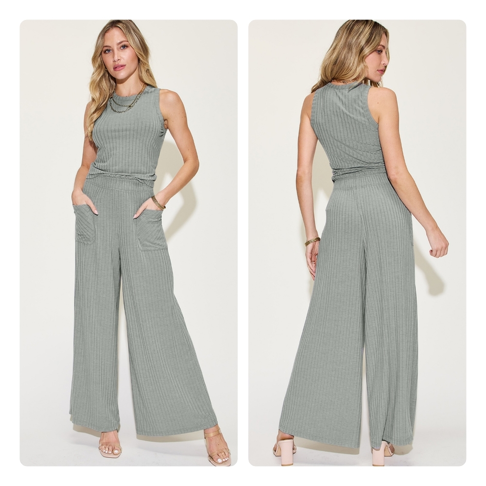 Gray Ribbed Tank and Wide Leg Pants Set - Picture 2 of 10